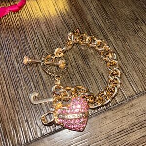 Juicy Couture Gold Chain Bracelet with Pink Pave Heart Charm